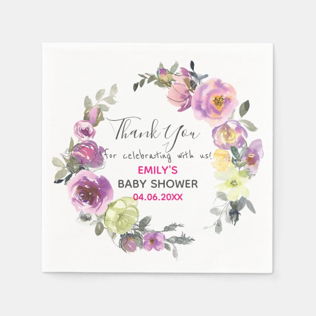 Pretty Purple Floral Wreath Thank You Baby Shower Napkin (Front)