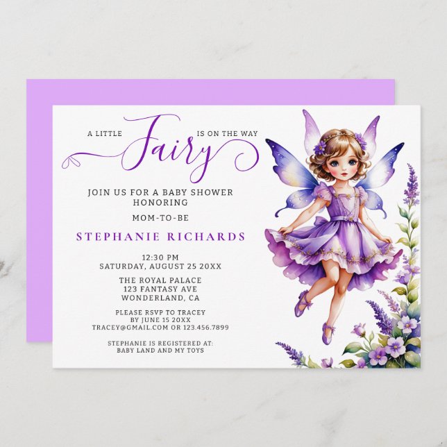 Pretty Purple Flower Fairy Baby Shower Floral Invitation (Front/Back)