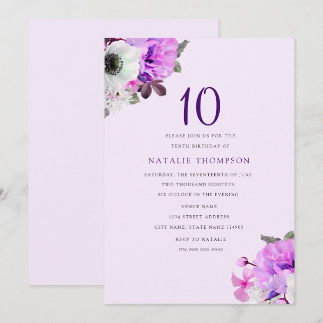 Pretty Purple Flower Girl 10th Birthday Invite (Front/Back)