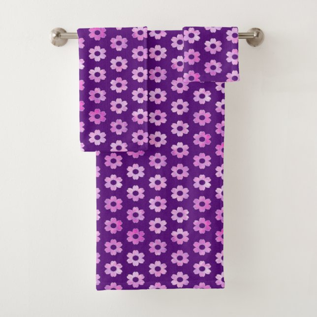Pretty Purple Flower Pattern Bath Towel Set (Insitu)