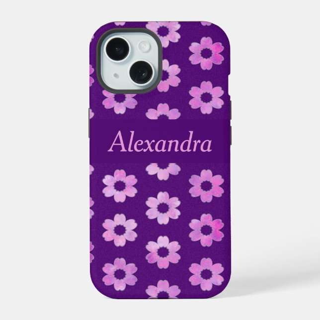 Pretty Purple Flower Pattern iPhone 15 Case (Back)