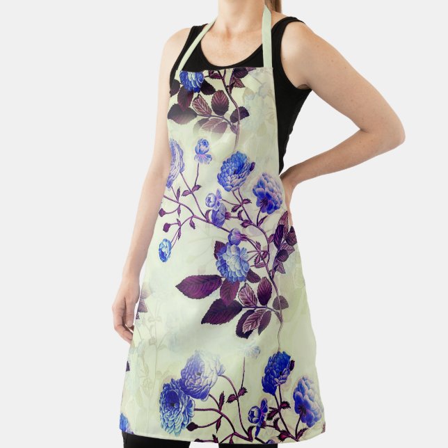 Pretty Purple Flower Print on Green Apron (Insitu)