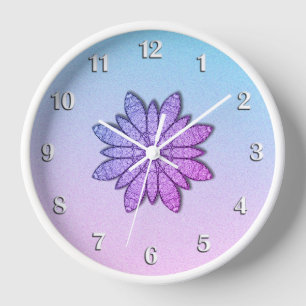 Pretty Purple  Flower White Numbers Clock