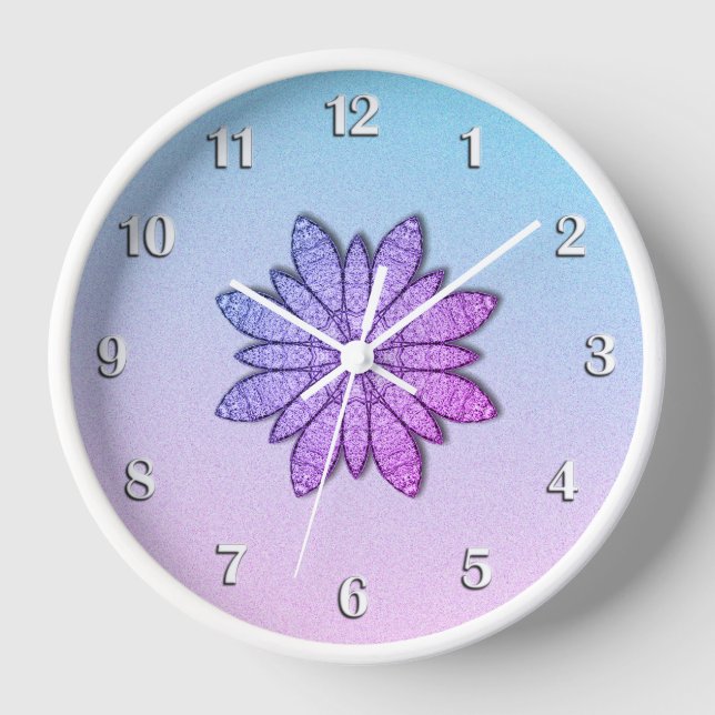 Pretty Purple  Flower White Numbers Clock (Front)