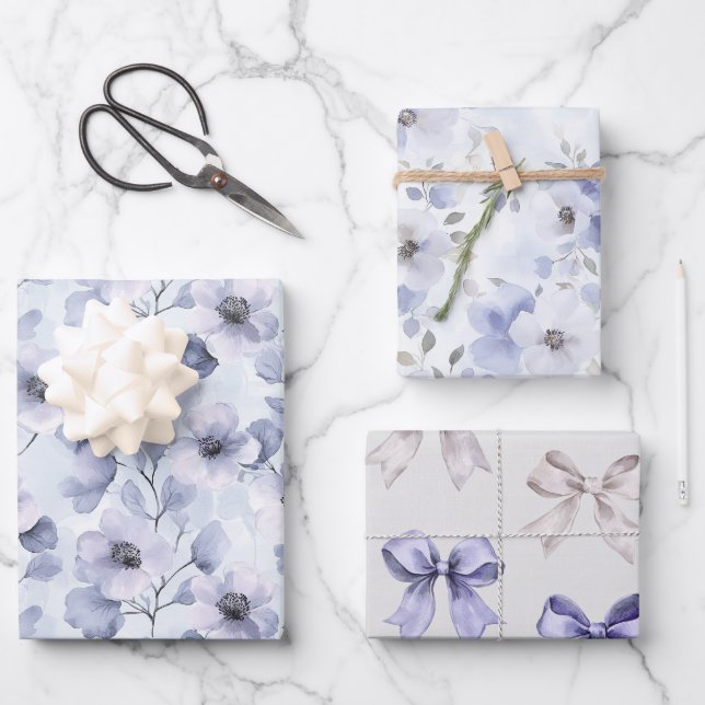 Pretty Purple Flowers and Bows Wrapping Paper Sheet (Front)