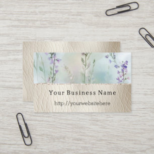 Pretty Purple Flowers & Cream Faux Leather Business Card