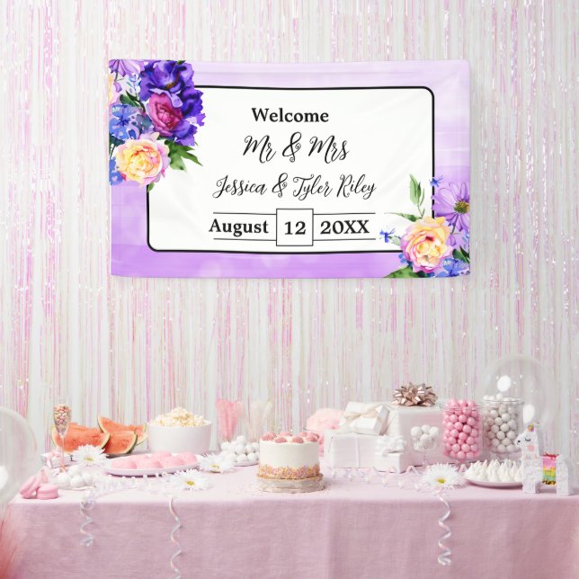 Pretty Purple Flowers Floral Wedding Personalised Banner (Party)