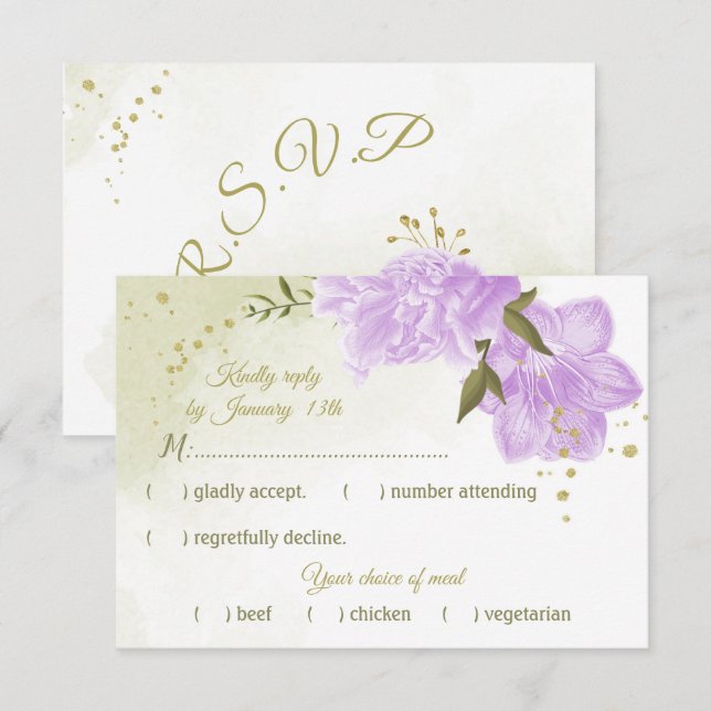 pretty purple flowers green leaves botanical RSVP card (Front/Back)