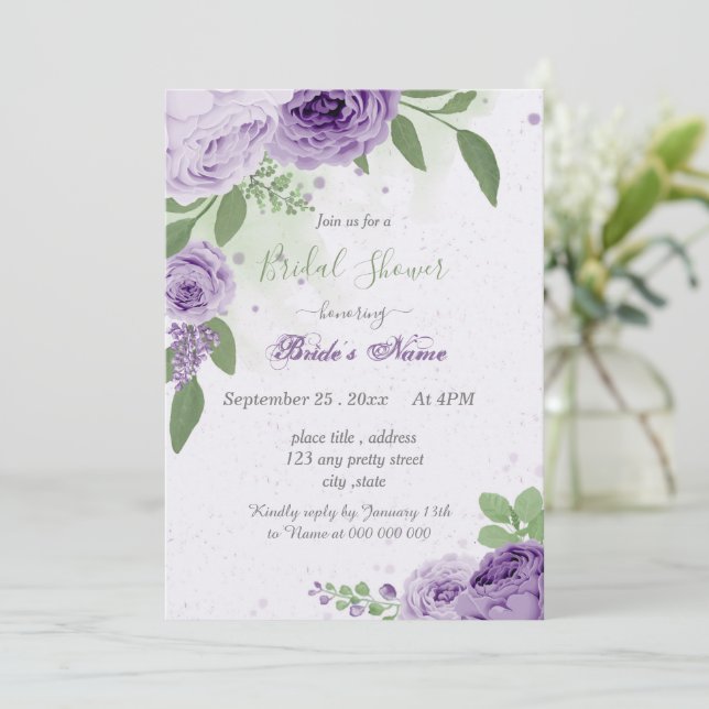 Pretty purple flowers green leaves bridal shower invitation (Standing Front)