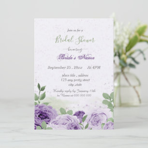 Pretty purple flowers green leaves bridal shower invitation