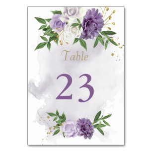 pretty purple flowers greenery  table number