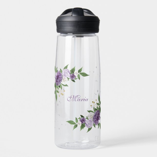Pretty purple flowers greenery water bottle (Front)