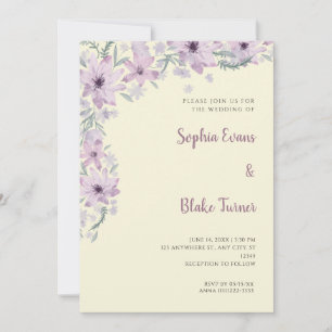 Pretty Purple Flowers Romantic Soft Yellow Wedding Invitation