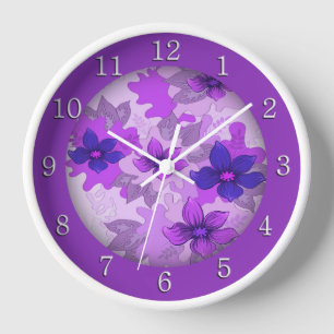 Pretty Purple Flowers White Numbers Clock