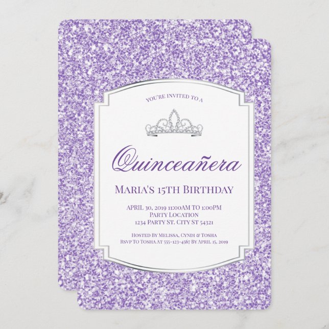 Pretty Purple Glitter Quinceañera Invitations (Front/Back)