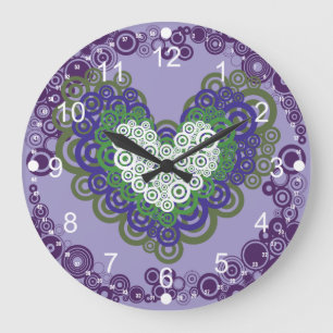 Pretty Purple Green Hearts and Circles Pattern Large Clock