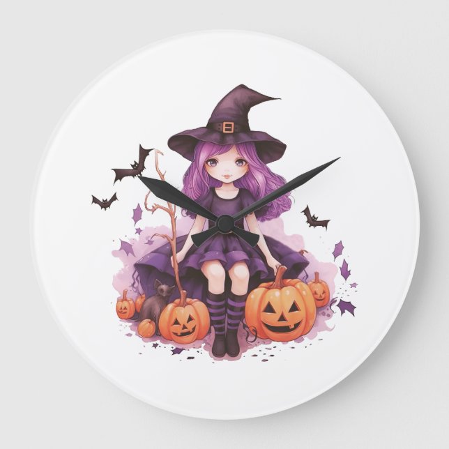 Pretty Purple Haired Witch Pumpkins & Bats Large Clock (Front)