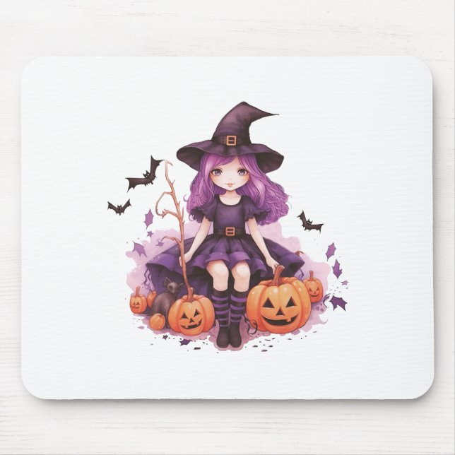 Pretty Purple Haired Witch Pumpkins & Bats Mouse Pad (Front)