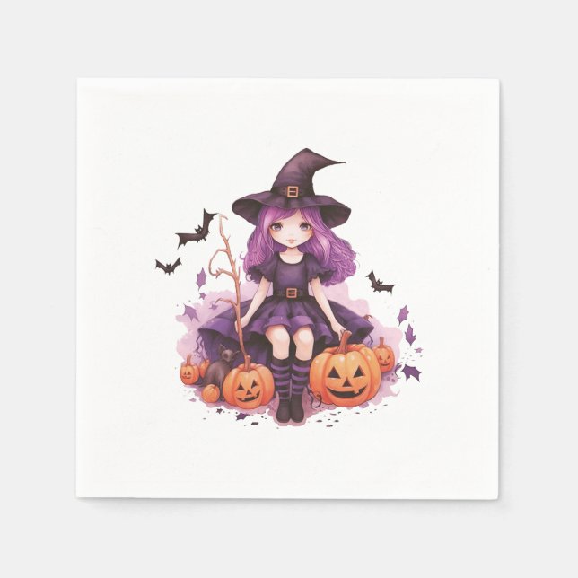 Pretty Purple Haired Witch Pumpkins & Bats Napkin (Front)