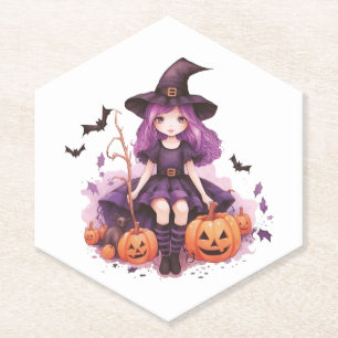 Pretty Purple Haired Witch Pumpkins & Bats Paper Coaster