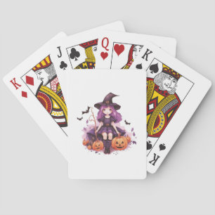 Pretty Purple Haired Witch Pumpkins & Bats Playing Cards