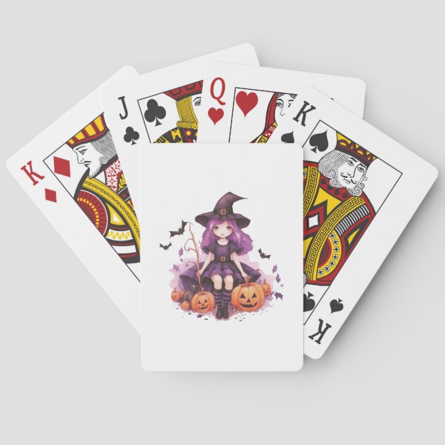 Pretty Purple Haired Witch Pumpkins & Bats Playing Cards (Back)
