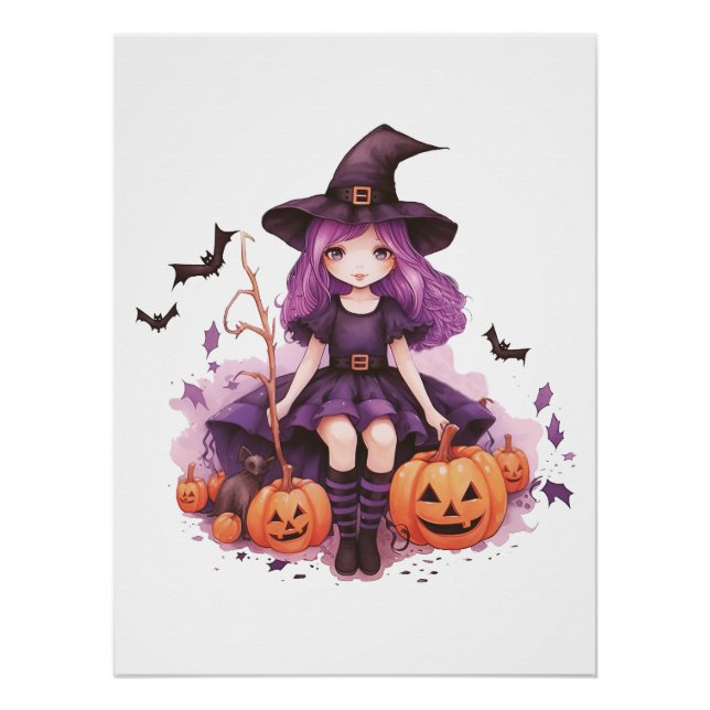 Pretty Purple Haired Witch Pumpkins & Bats Poster (Front)