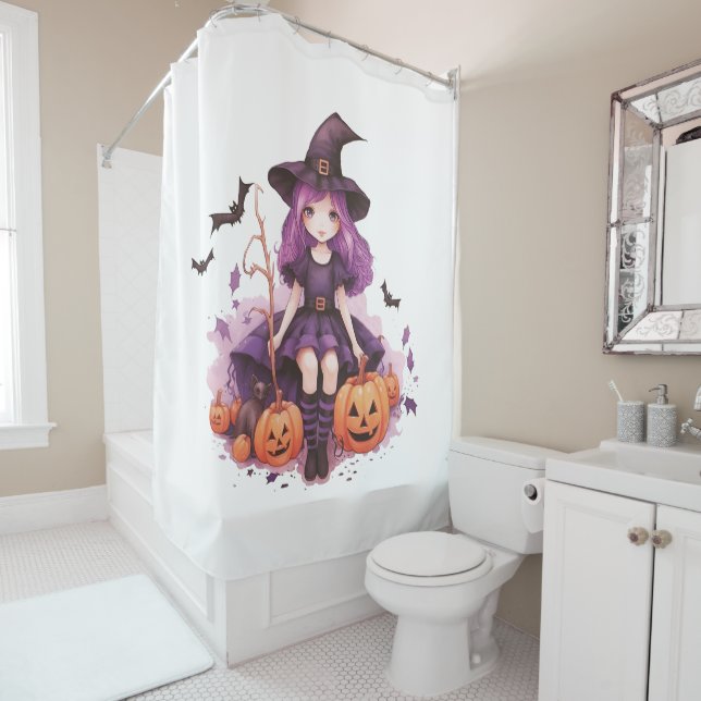 Pretty Purple Haired Witch Pumpkins & Bats Shower Curtain (In Situ)