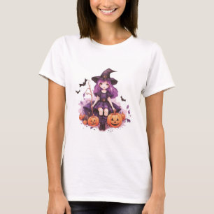 Pretty Purple Haired Witch Pumpkins & Bats T-Shirt