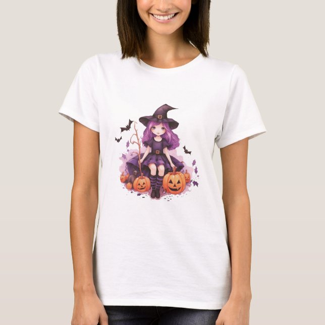 Pretty Purple Haired Witch Pumpkins & Bats T-Shirt (Front)