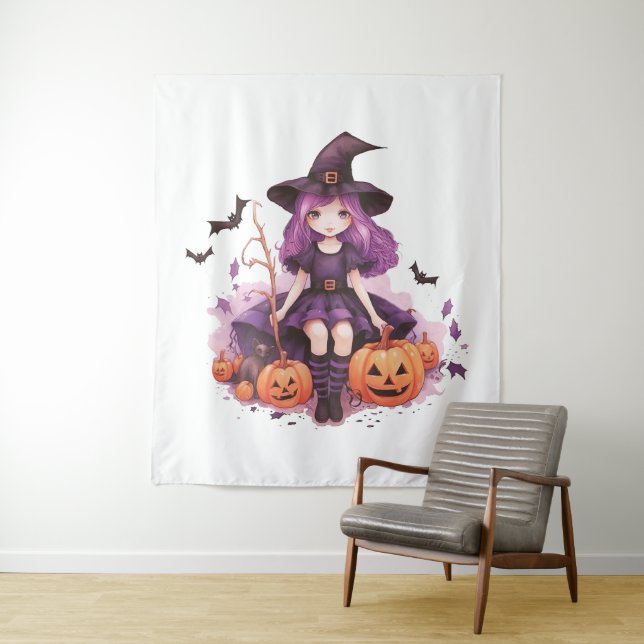Pretty Purple Haired Witch Pumpkins & Bats Tapestry (In Situ)