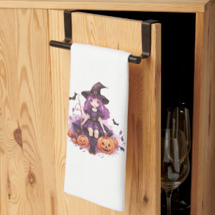 Pretty Purple Haired Witch Pumpkins & Bats Tea Towel