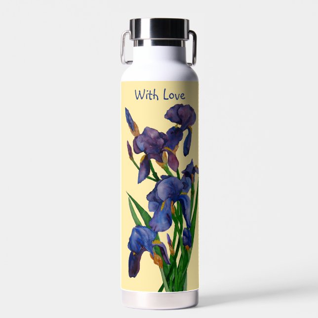 Pretty Purple Iris & Butter Yellow Watercolor Water Bottle (Front)