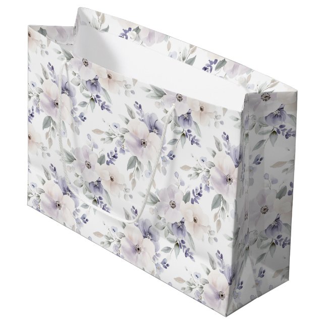 Pretty Purple Ivory Lavender Flowers Bridal Shower Large Gift Bag (Front Angled)