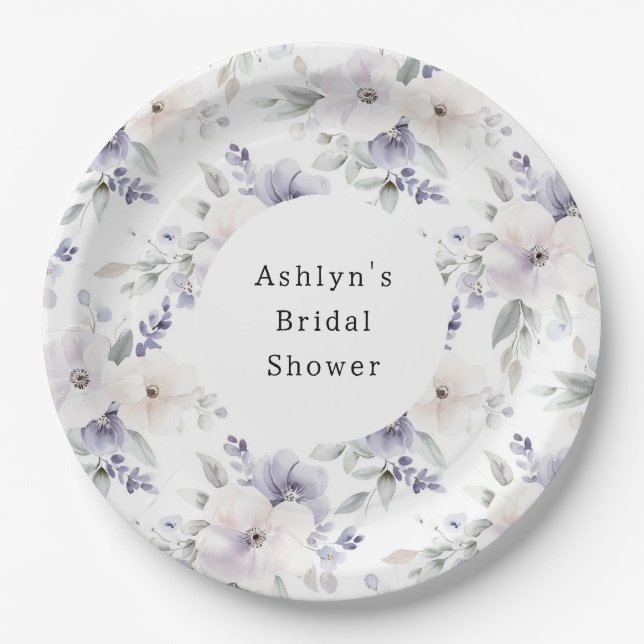 Pretty Purple Ivory Lavender Flowers Bridal Shower Paper Plate (Front)