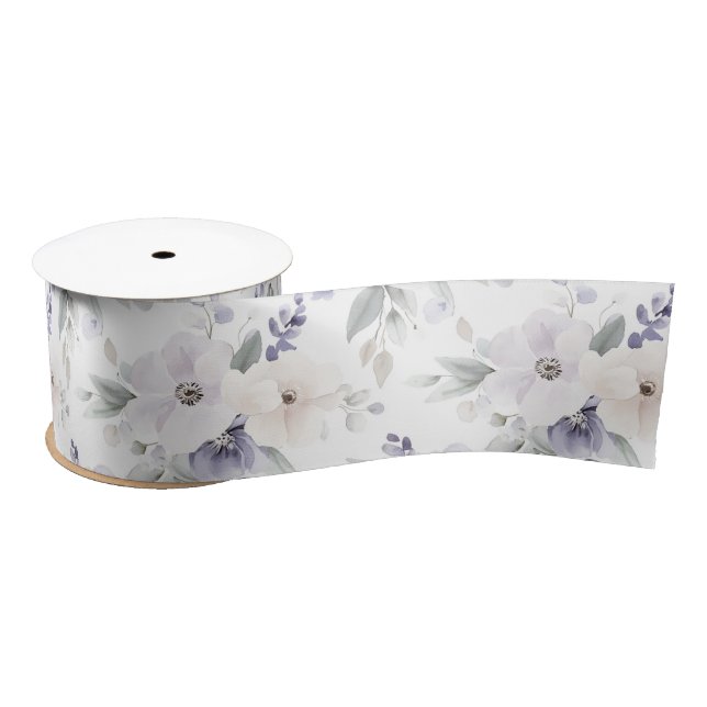 Pretty Purple Ivory Lavender Flowers Bridal Shower Satin Ribbon (Spool)