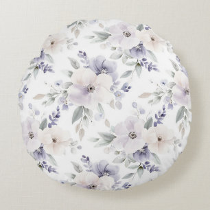 Pretty Purple Ivory Lavender Flowers Round Cushion
