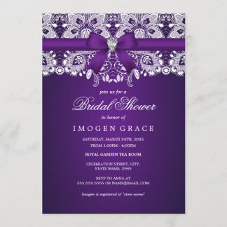 Pretty Purple Lace & Diamond Bow Bridal Shower Invitation