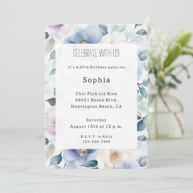 Pretty Purple Lavender White Flowers Birthday Invitation (Standing Front)