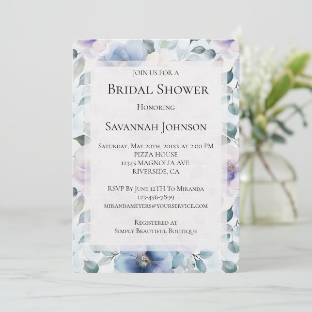 Pretty Purple Lavender White Flowers Bridal Shower Invitation (Standing Front)