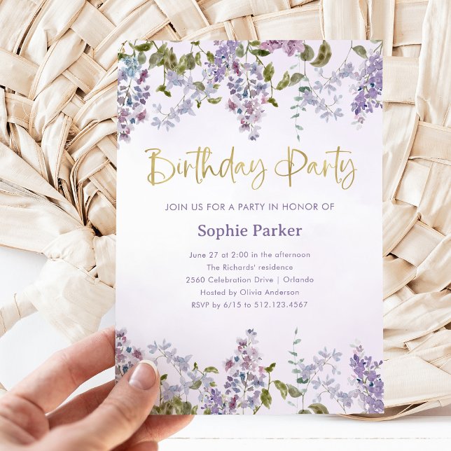 Pretty Purple Lilac | Gold Script Birthday Party Invitation (Creator Uploaded)