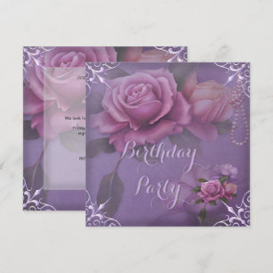 Pretty Purple Lilac Pink Rose Birthday Party Invitation