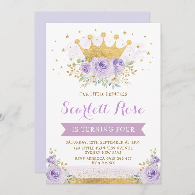 Pretty Purple Lilac Princess Gold Crown Birthday Invitation (Front/Back)