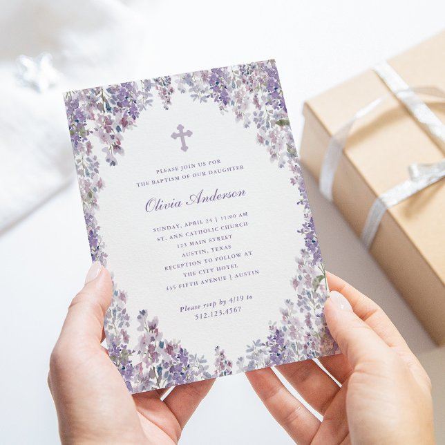 Pretty Purple Lilac | Watercolor Frame Baptism Invitation (Creator Uploaded)