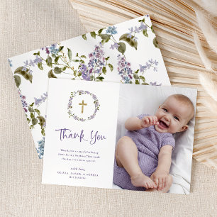 Pretty Purple Lilac Wreath and Photo   Baptism Thank You Card