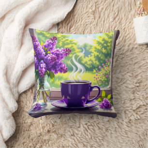 Pretty Purple Lilacs and Coffee Cushion