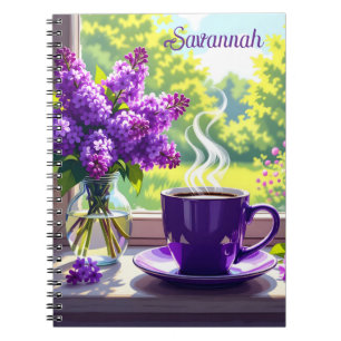 Pretty Purple Lilacs and Coffee Personalized Notebook