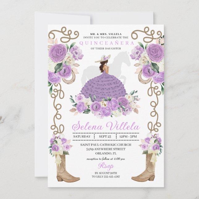 Pretty Purple Mariachi Charro Princess Quinceañera Invitation (Front)