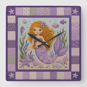 Pretty Purple Mermaid Quilt Square Wall Clock