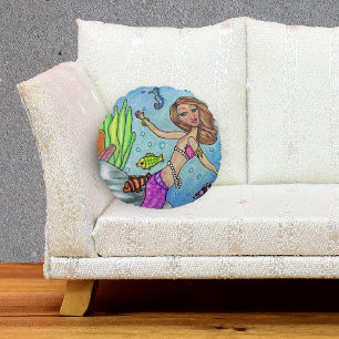Pretty Purple Mermaid Swimming Fish Seaweed Rocks Round Cushion